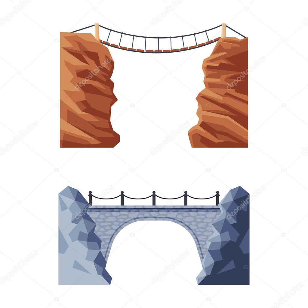 Bridge Structure Carrying Road Across Rocky Downfall Vector Set