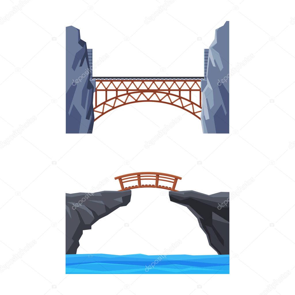 Bridge Structure Carrying Road Across River Vector Set