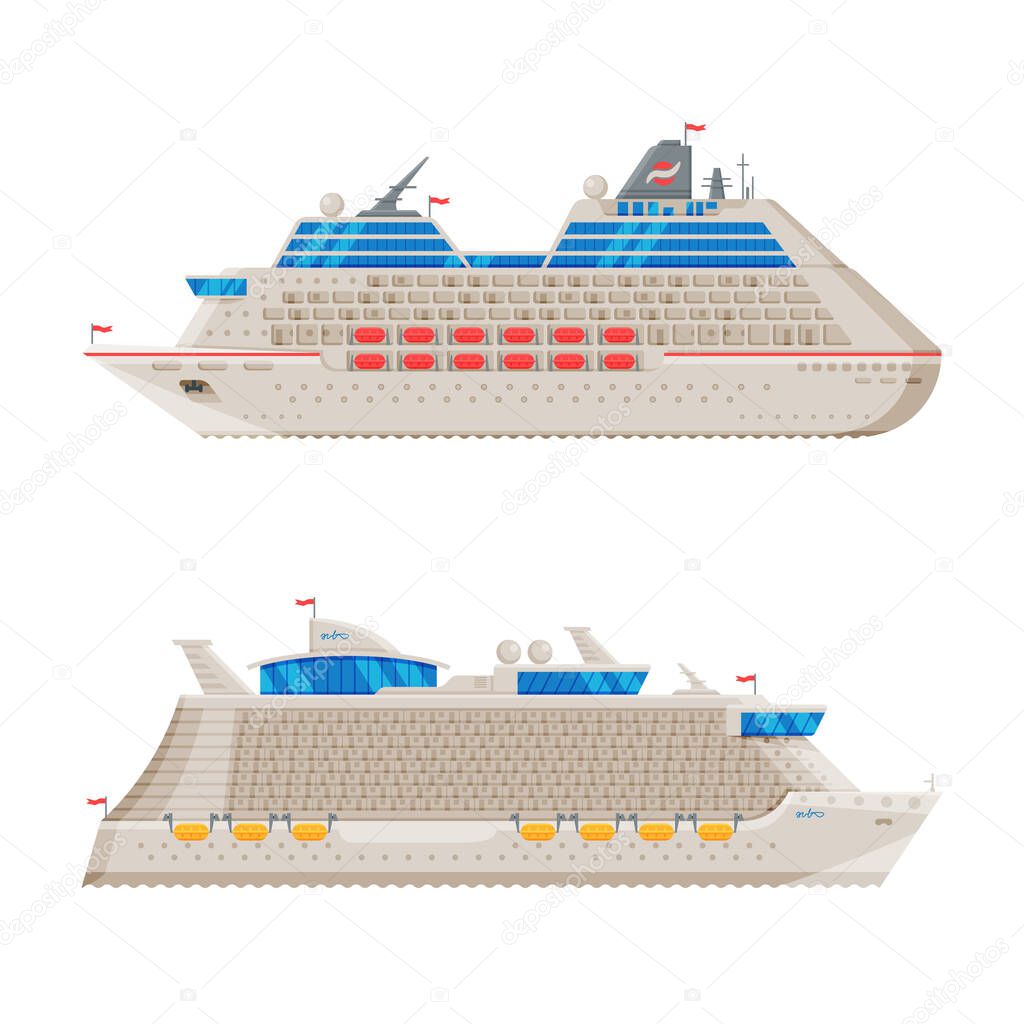 Cruise Ship as Water Transport for Vacationing Vector Set