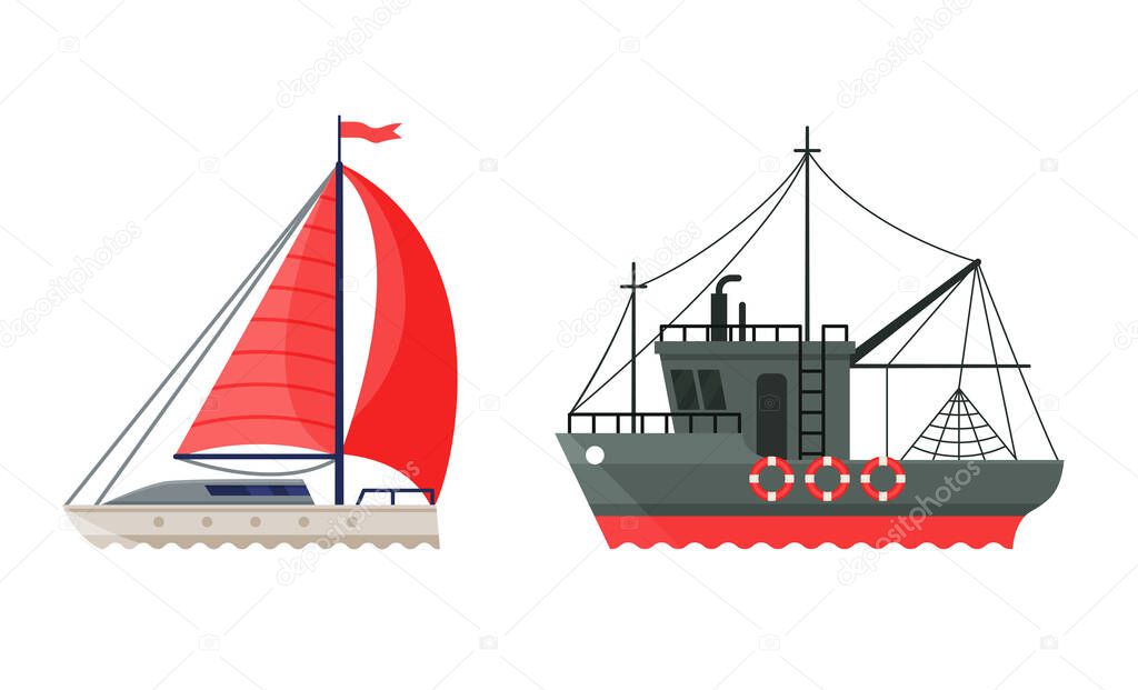 Sailing Yacht or Boat with Mast as Watercraft or Swimming Water Vessel Vector Set