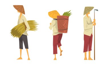 Straw Conical Hat 'teki Asyalı Çiftçi Paddy Field Vector Set üzerinde çalışıyor