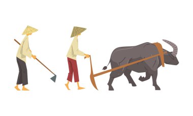 Straw Conical Hat 'te Asyalı Çiftçi Boğa Vektör Seti ile Çalışma ve Toplama Alanı