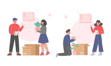 Taşınmak ya da Yeni Daire Vektörüne Taşınma İçin Mutlu Aile Paketi Kutusu