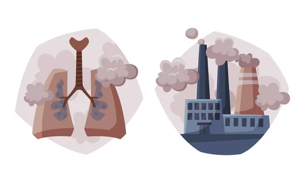 Causa y fuente de contaminación ambiental con emisiones de residuos de chimenea de plantas y pulmones contaminados Conjunto de vectores de órganos humanos — Vector de stock