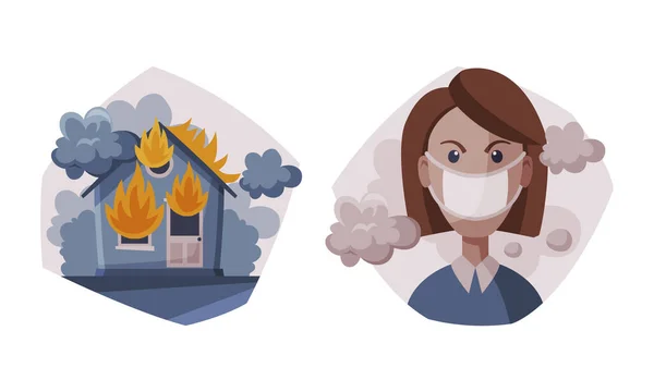 Causa y fuente de contaminación ambiental con la casa en llamas y el conjunto de vectores de máscara para mujer — Vector de stock