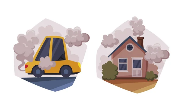 Environmental Pollution Cause and Source with House with Steaming Chimney and Road Traffic Gas Emission Vector Set — Stock Vector