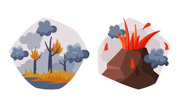 Causa y fuente de contaminación ambiental con el conjunto de vectores de incendios forestales y erupción volcánica — Vector de stock