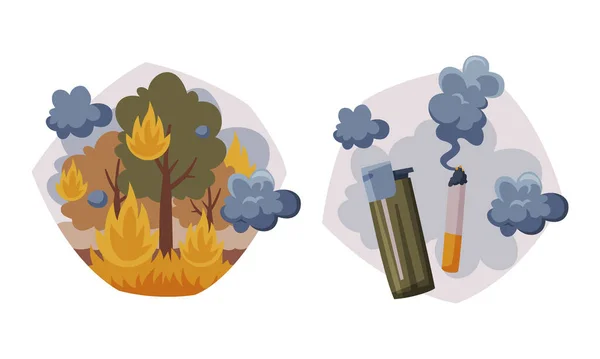 Contaminación ambiental Causa y fuente con incendios forestales y tabaquismo Conjunto de vectores de cigarrillos — Vector de stock