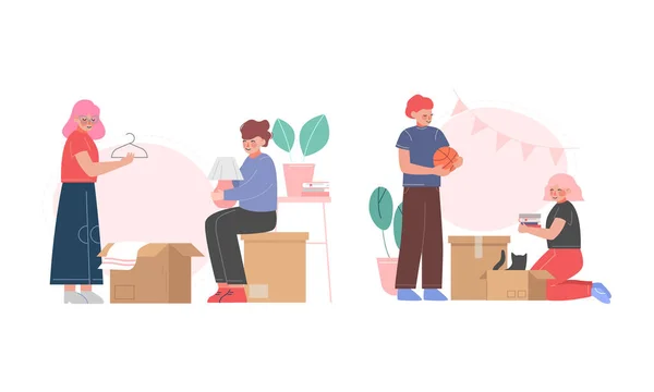 Boîte en carton d'emballage familiale heureuse pour déménager ou déménager dans un nouvel ensemble vectoriel d'appartement — Image vectorielle