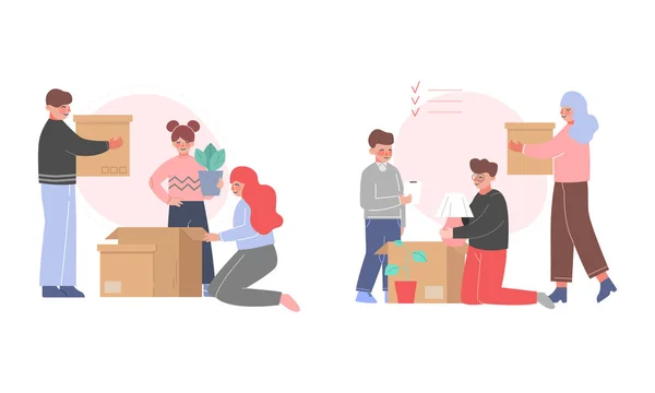 Happy Family Packing Cardboard Box for Relocating or Moving to New Apartment Vector Set — Stock Vector