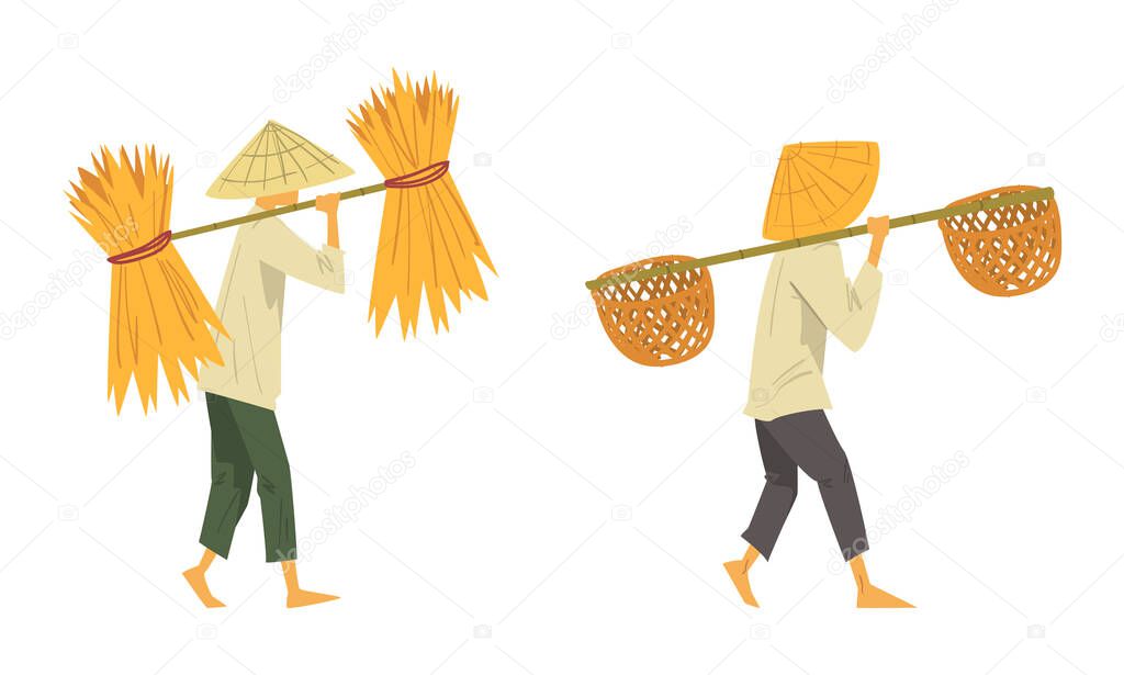 Asian Farmer in Conical Hat Carrying Basket and Straw Bundle Vector Set