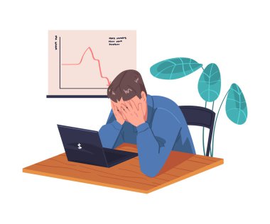 Stres Altındaki Genç Meşgul Adam Karakteri Yorgun ve Yorgun Hissediyor Dizüstü Bilgisayar Vektör İllüzyonunda Otururken