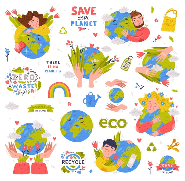 Cuidado con el planeta con etiqueta ecológica y lema como conjunto de vectores de protección del medio ambiente — Archivo Imágenes Vectoriales