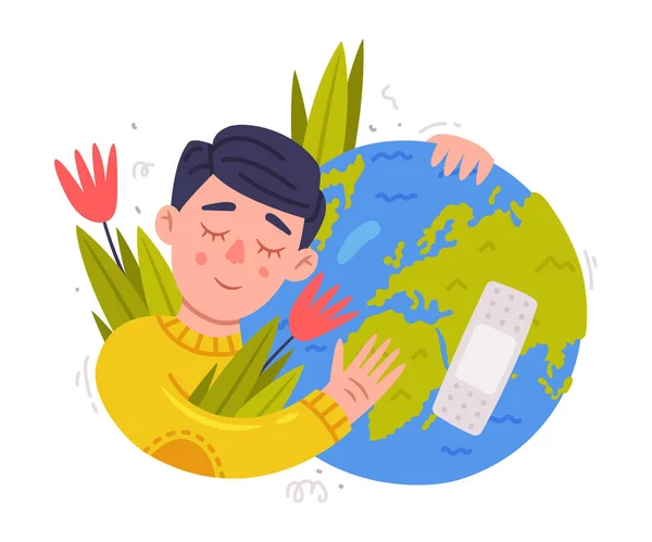 Care About Planet with Man Embracing Green Globe with Arms as Ecology and Environment Protection Vector Illustration — Stock Vector