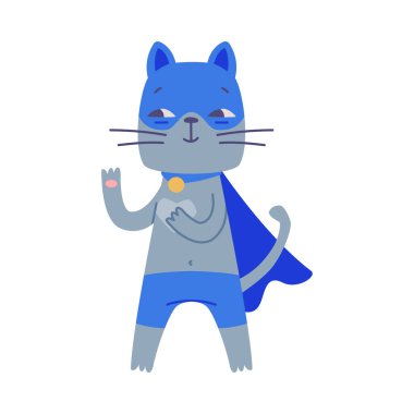 Mavi Maskeli ve Pelerinli Süper Kahraman Gri Kedi Süper Güç Vektörü Resimlerine sahip