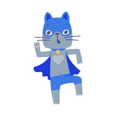 Mavi Maskeli ve Pelerinli Süper Kahraman Gri Kedi Süper Güç Vektörü Resimlerine sahip