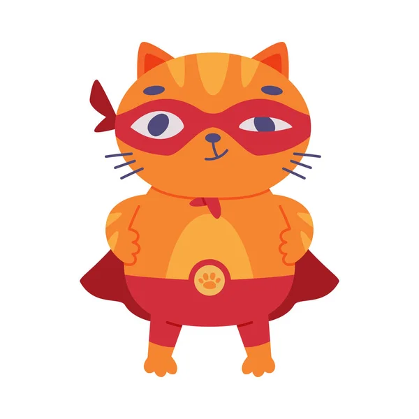 Superhero Ginger Cat Wearing Red Mask and Cape Having Power Vector Illustration — Stock Vector