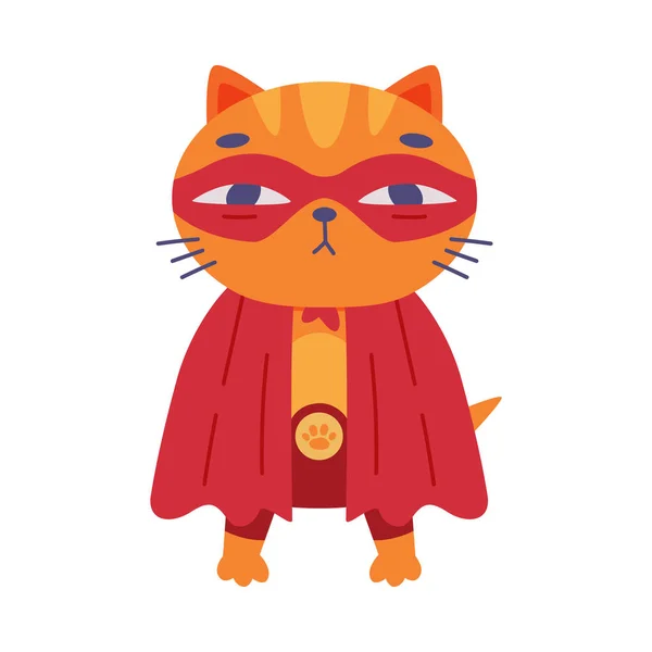 Superhjälte ingefära katt bär röd mask och Cape har makt vektor Illustration. — Stock vektor