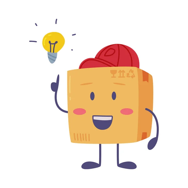 Cute Delivery Cardboard Box Character in Red Cap with Light Bulb Having Idea Vector Illustration — Stock Vector
