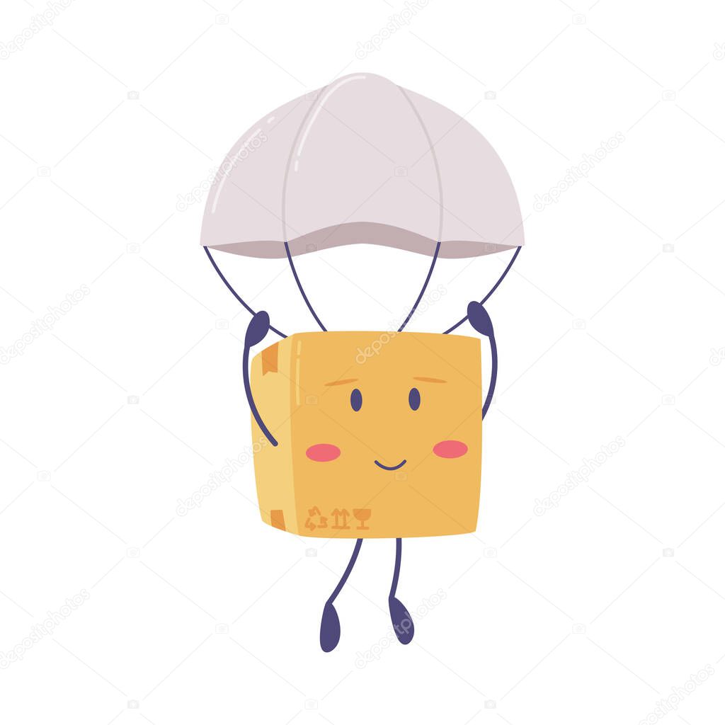 Cute Delivery Cardboard Box Character Descending with Parachute Vector Illustration
