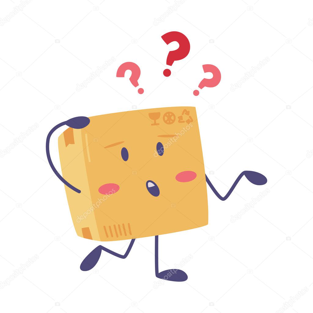 Cute Delivery Cardboard Box Character Thinking Scratching Head Feeling Frustration Vector Illustration
