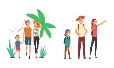 Çocuk Seyahatte Mutlu Aile Yazın ve Gezgin Vector Seti 'nin tadını çıkarıyor