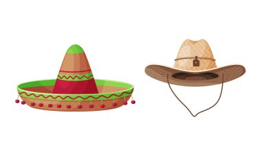 Straw Hat as Brimmed Woven Headdress with Sombrero and Cowboy Hat Vector Set clipart
