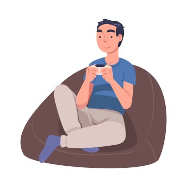 Kol Sandalyesinde oturan Dijital Aygıt Olarak Gamepad 'i olan Erkek Karakteri İnternet Bağımlı Vektör İllüstrasyonundan Acı Çekiyor