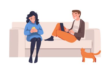 Dijital Aygıtla Oturan Erkek ve Kadın Karakteri İnternet Bağımlı Vektör İllüzyonundan Acı Çekiyor