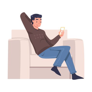 Kol Sandalyesinde oturan Dijital Aygıtlı Adam Karakteri İnternet Bağımlılığı Vektör İllüzyonundan muzdarip