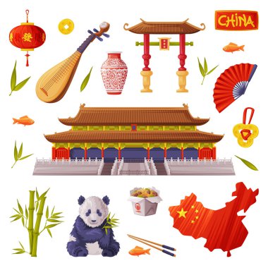 Çin Nesne ve Geleneksel Kültür Sembolü Kapı ve Tapınak Vektörü Kümesi