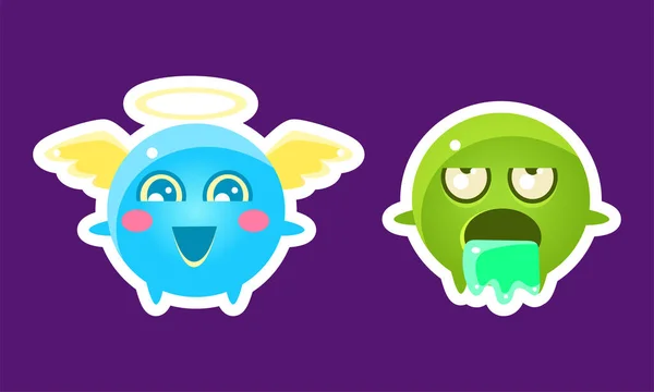 Emoji vert rond et bleu personnage Ange volant et vecteur de vomissement Set — Image vectorielle