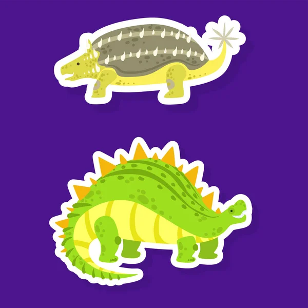 Dinosaur Character Sticker Isolated on Blue Background Vector Set — Stock Vector