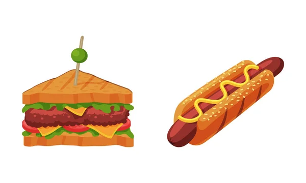 Sandwich et hot-dog à la saucisse comme ensemble vecteur de restauration rapide — Image vectorielle