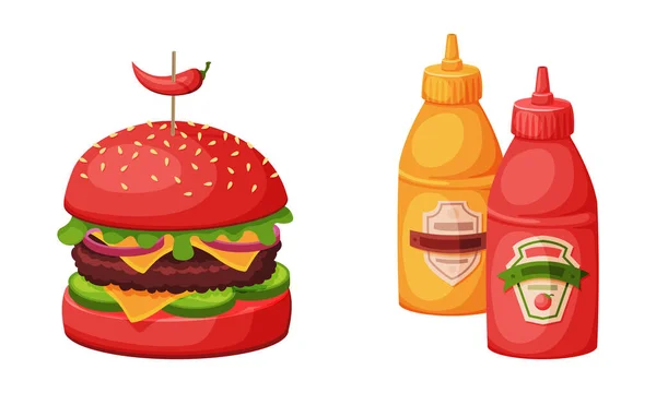 Pain de hamburger avec galette grillée et moutarde au ketchup en bouteille comme ensemble vecteur de restauration rapide — Image vectorielle