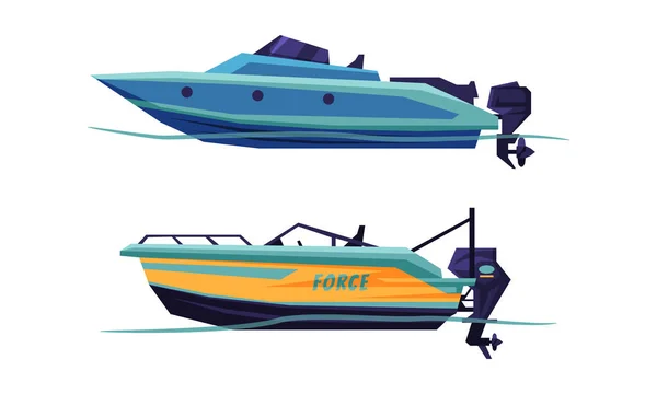 汽艇或快艇，如水运船或水运船，由引擎矢量驱动 — 图库矢量图片