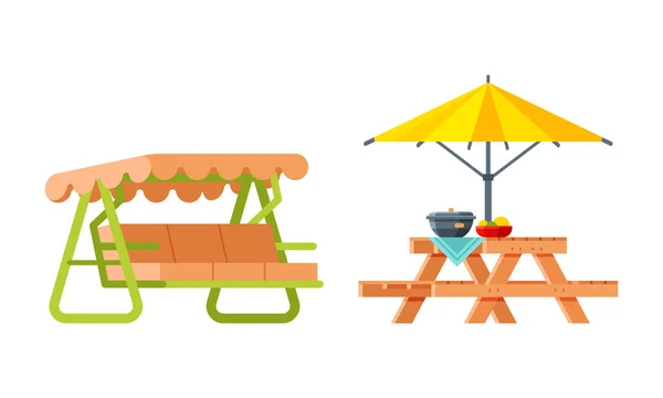 Swing de jardín con toldo y mesa servida con comida para barbacoa y juego de vectores de picnic — Vector de stock