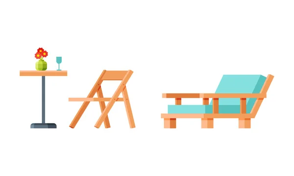 花园木制餐桌及供烧烤及野餐用的甲板椅子 — 图库矢量图片