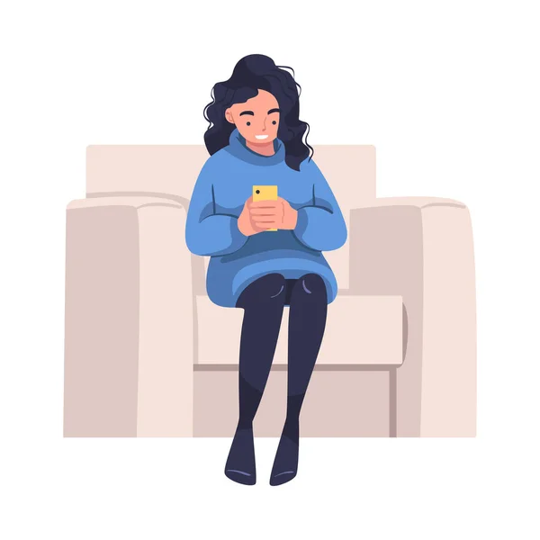 Personagem Mulher com Dispositivo Digital Sentado em Poltrona Sofrendo de Vício em Internet Ilustração do Vetor — Vetor de Stock