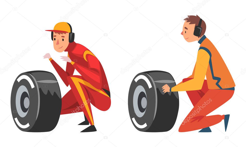 Pit Stop Crew Member Changing Tire Wheel Engaged in Maintenance of Racing Car Vector Set