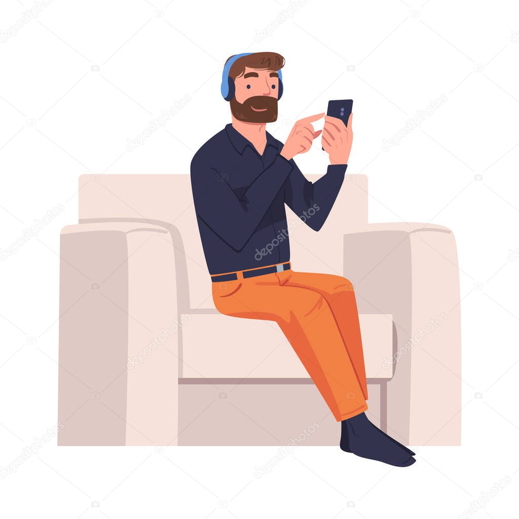 Man Character with Headphone and Digital Device Sitting in Armchair Suffering from Internet Addiction Vector Illustration