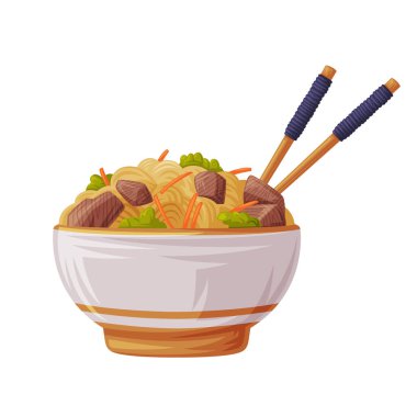 Çin Yemeği Olarak Erişte Bowling ve Geleneksel Çin Yemeği Vektör İllüstrasyonu