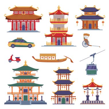 Rickshaw ve Pagoda Vector Set ile Çin Ulaşım ve Binası
