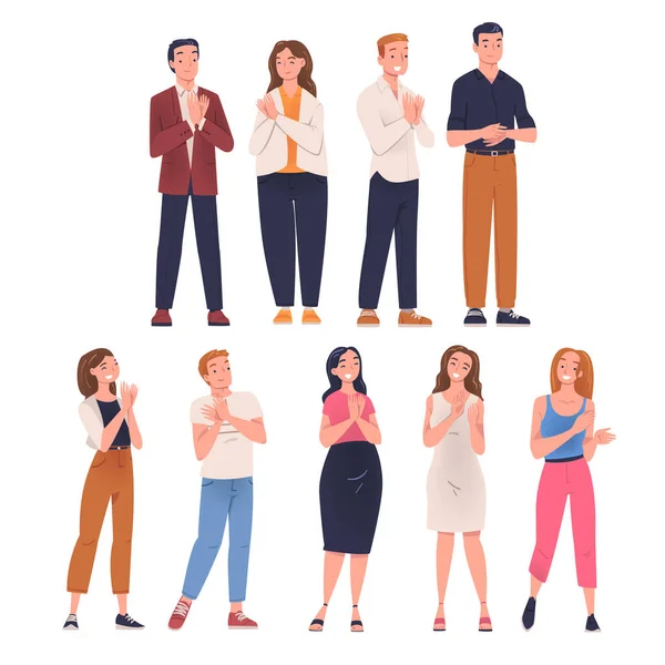 Personaje de la gente de pie y aplaudiendo sus manos como aplausos y gestos de ovación Vector Illustration Set — Vector de stock