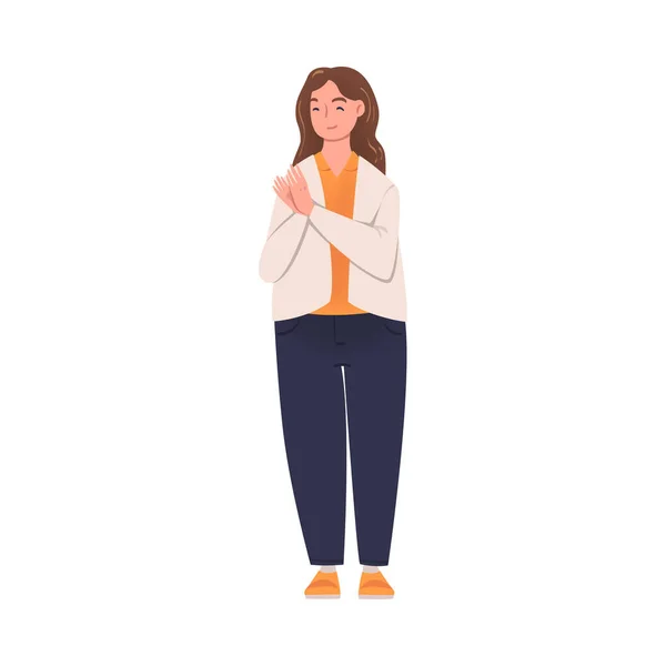Női karakter álló és tapsol a kezét, mint a taps és az Ovation Gesture Vector Illusztráció — Stock Vector
