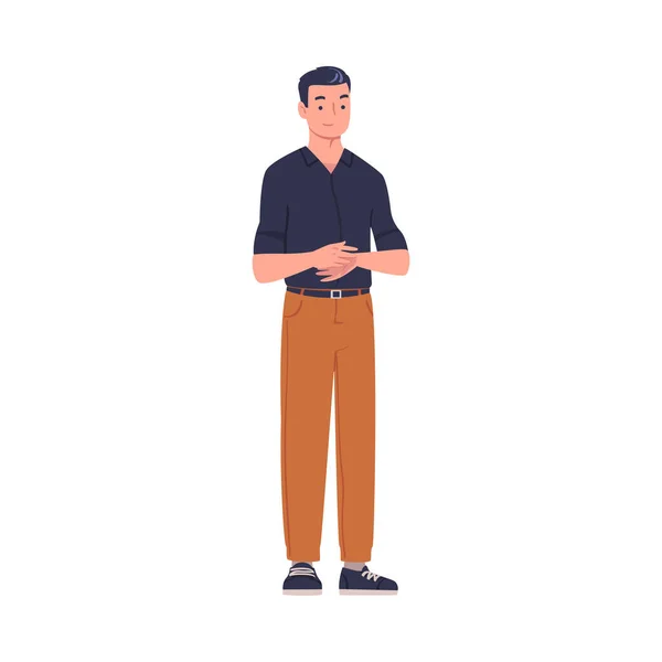 Hombre carácter de pie y aplaudiendo sus manos como aplausos y gestos de ovación Vector Ilustración — Vector de stock