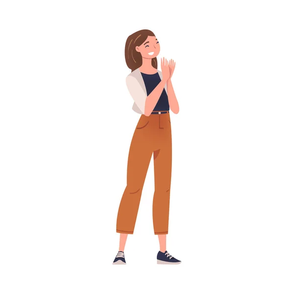 Personnage de la femme debout et applaudissant ses mains comme applaudissements et geste d'ovation Illustration vectorielle — Image vectorielle