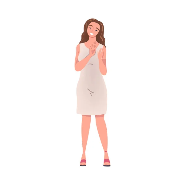 Női karakter álló és tapsol a kezét, mint a taps és az Ovation Gesture Vector Illusztráció — Stock Vector