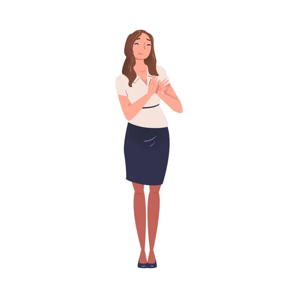 Smiling Woman Character Standing and Clapping His Hands as Applause and Ovation Gesture Vector Illustration — Stock Vector