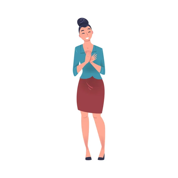 Smiling Woman Character Standing and Clapping His Hands as Applause and Ovation Gesture Vector Illustration — Stock Vector